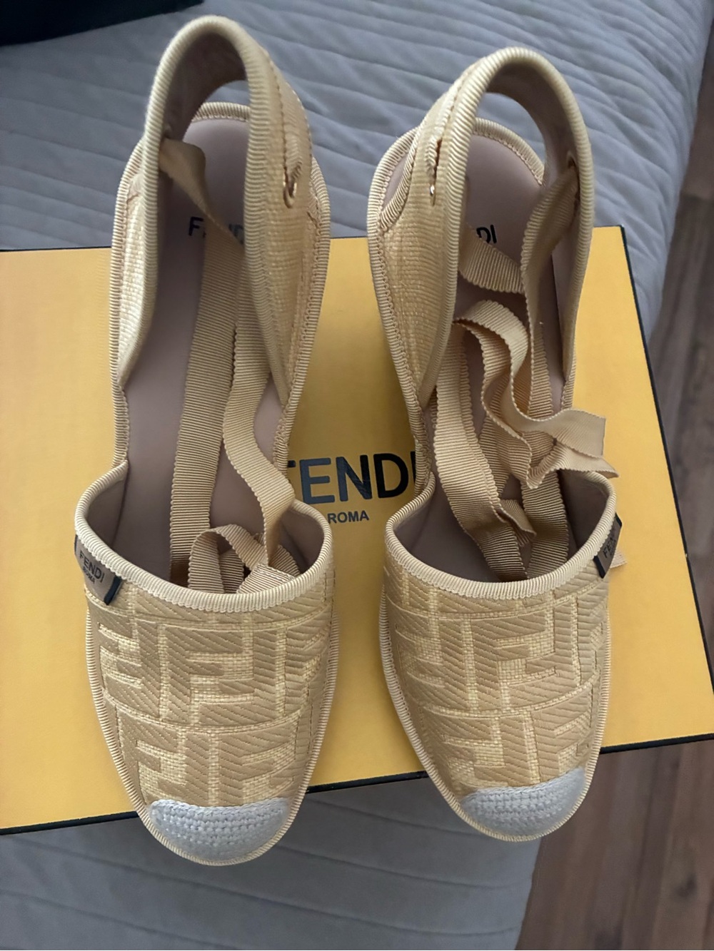 Authentic  Fendi  light  yellow  FF Logo Espadrille Wedge with Ankle Tie